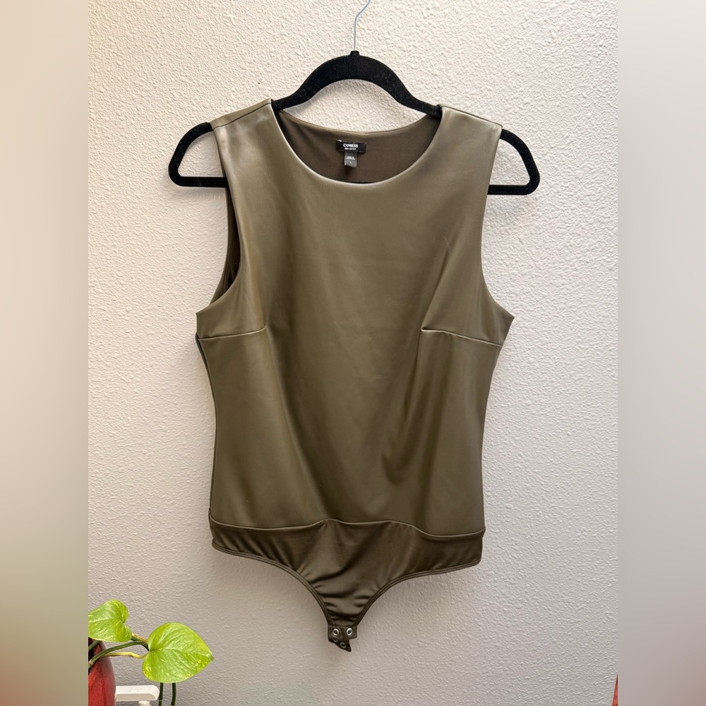 Express Faux Leather Body Contour Bodysuit in Dark Olive